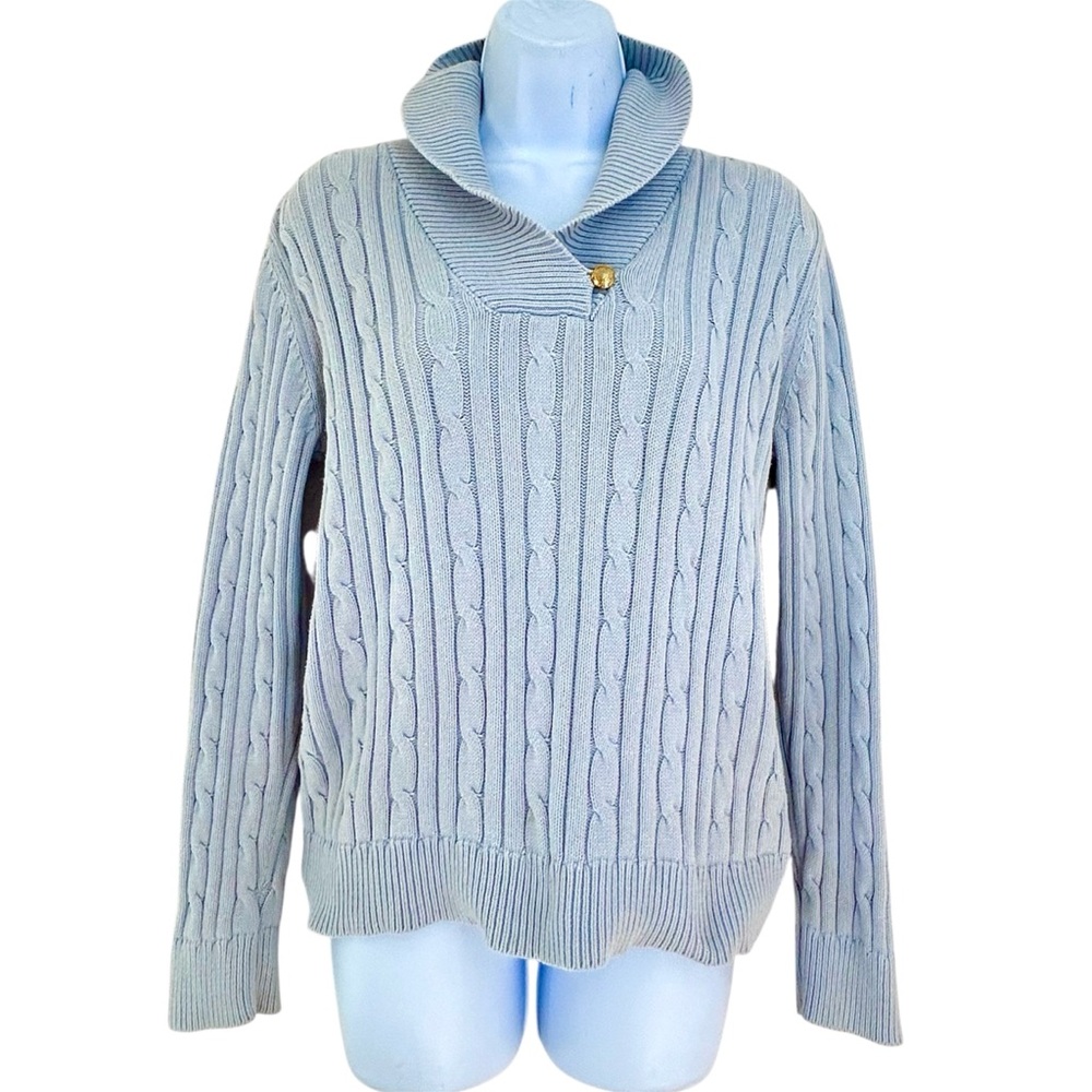 Chaps Ralph Lauren Cable Knit Shawl Collar Sweater Icy Blue Women’s Size M
